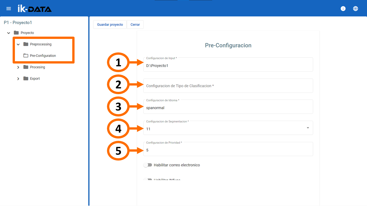 Projects Settings Pre procesamiento